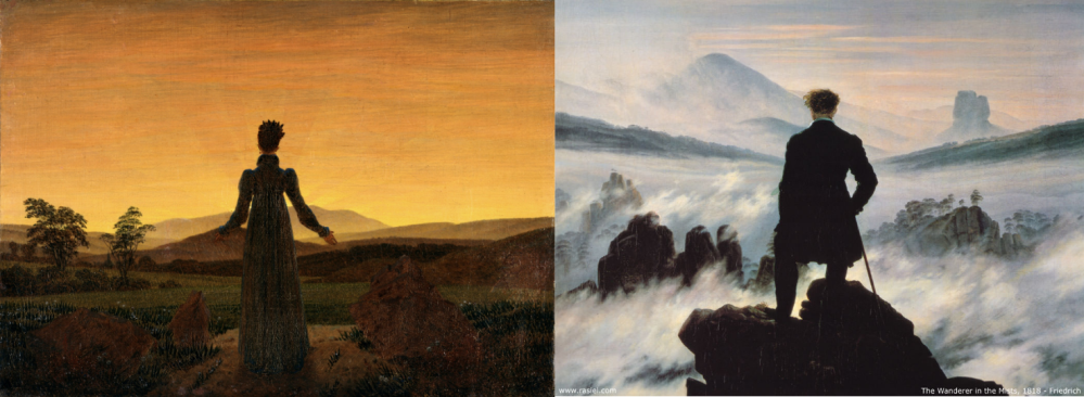 Frau vor untergehender Sonne und Der Wanderer über dem Nebelmeer (Caspar David Friedrich)